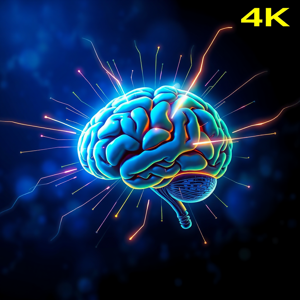 A stylized image depicting a brain absorbing information rapidly. Visualize a stylized brain with light streaks flowing into it, symbolizing quick learning. The colors should be vibrant and energetic, like electric blue and neon green. The background can be abstract and futuristic. 4K resolution, high quality.