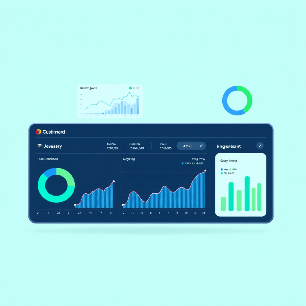 A stylized image depicting a dashboard with charts and graphs representing website traffic, lead generation, and customer engagement. The dashboard should be visually appealing and easy to understand. The color palette should be professional and informative, using blues and greens to convey trust and data-driven insights. The style should be modern and minimalist. Technical specs: 4K resolution, high quality rendering.