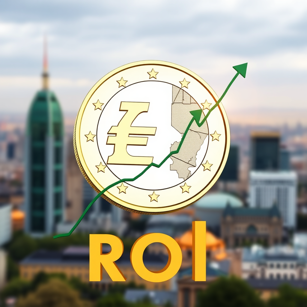 A stylized image depicting a euro coin transforming into a graph trending upwards, representing ROI. The background is a blurred cityscape of Berlin. The color palette is green and gold to symbolize growth and value. The style is clean and modern, similar to a financial infographic. Technical specs: 4K resolution.