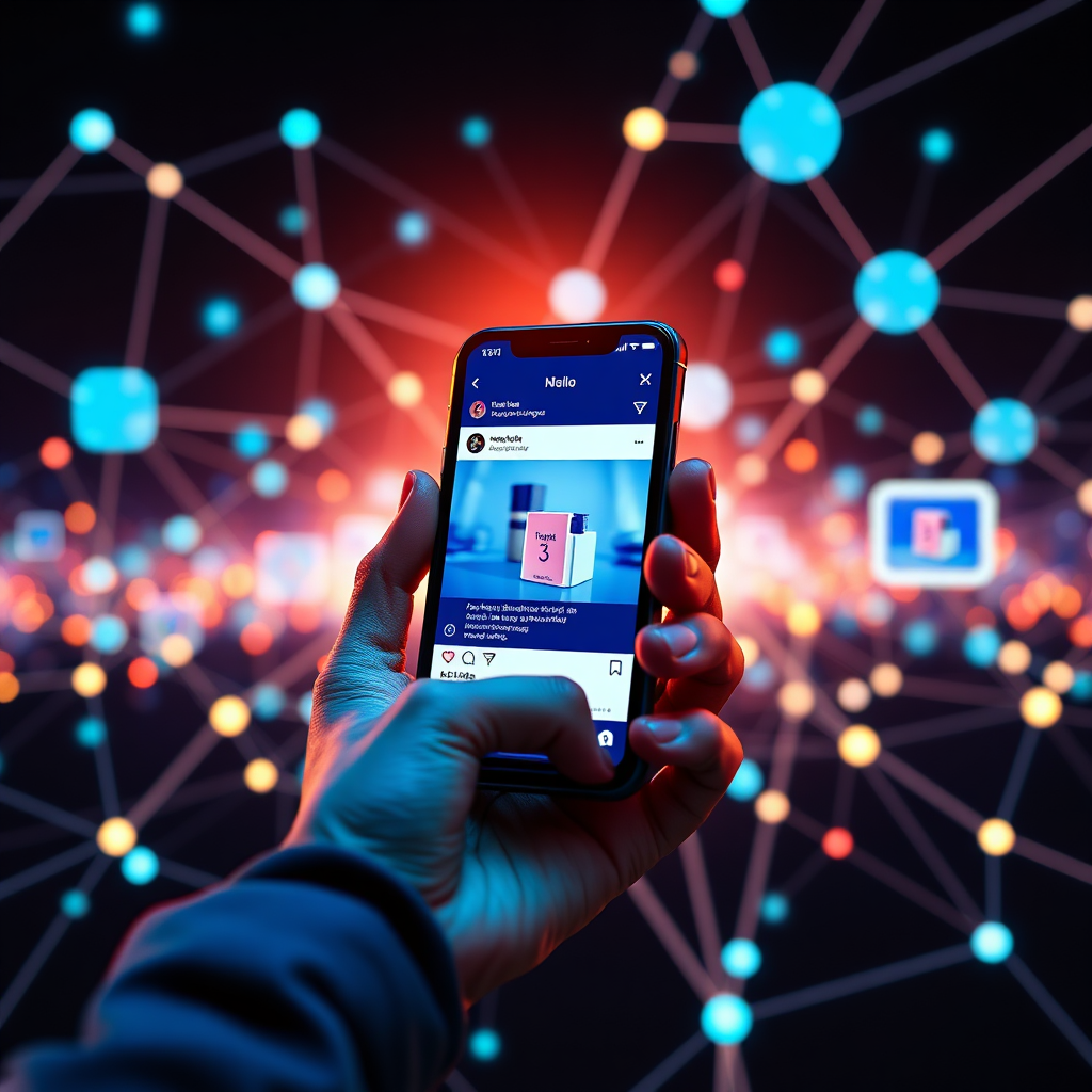 A stylized image depicting a hand holding a smartphone with a social media post featuring a product. The post is being shared and amplified across multiple screens, representing the expanding reach of influencer marketing. The background is a network of interconnected nodes, symbolizing the connections between influencers and their followers. Color palette is bright and engaging, with a focus on blues and greens. The camera angle is a close-up, focusing on the smartphone and the expanding network. Texture details include the smooth surface of the smartphone screen and the glowing lines of the network. 4K resolution.