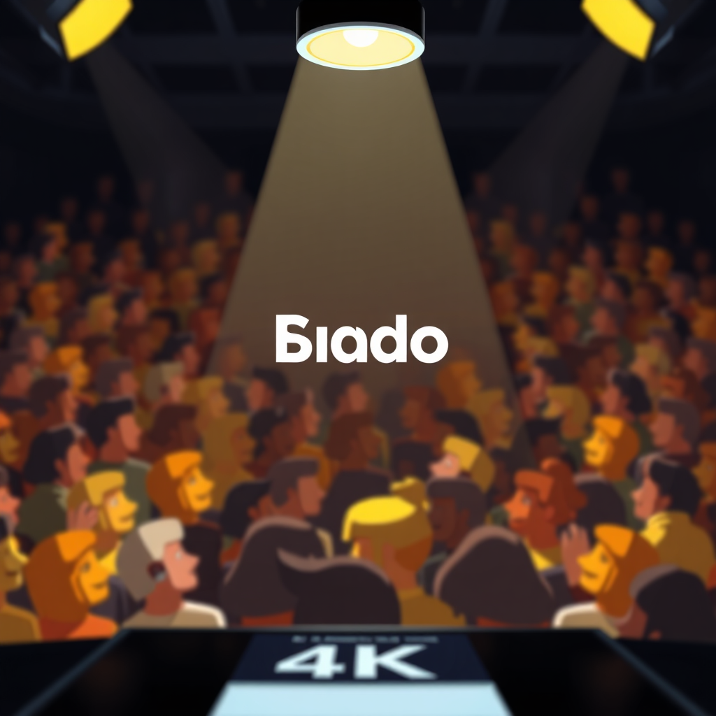 A stylized image depicting a spotlight shining on a brand logo displayed on a social media platform. The background is a crowd of people (represented by stylized avatars) looking towards the logo. Color palette is bright and attention-grabbing, with a focus on yellows and oranges. The camera angle is a low angle, emphasizing the prominence of the logo. Texture details include the smooth surface of the screen and the bright light of the spotlight. 4K resolution.