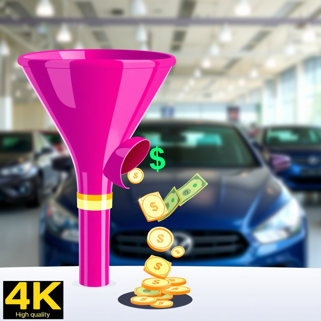 A stylized image depicting a sales funnel with money flowing in at the end, symbolizing a successful sales conversion and ROI. The color palette is vibrant and positive. The background is a blurred car dealership. Technical Specifications: 4k resolution, high quality.