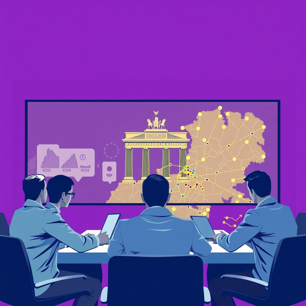 A stylized image depicting a strategic planning meeting with a map of Berlin in the background. The map is overlayed with data points representing customer demographics and market trends. The color palette is professional and data-driven. Technical specs: 4K resolution.
