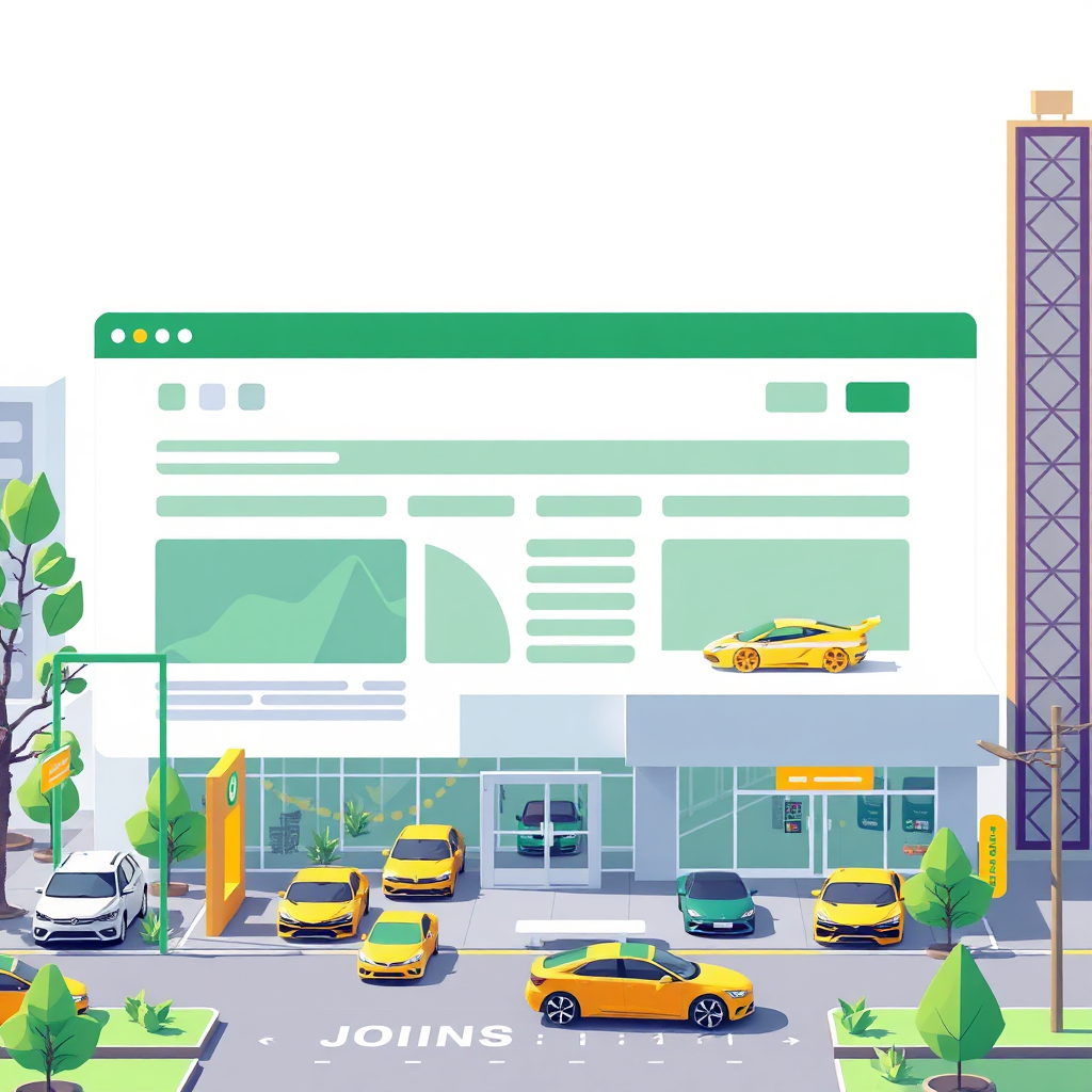 A stylized image depicting a website interface transforming into a vibrant and bustling car dealership. The transition should be seamless and visually appealing, representing the conversion of online traffic into real-world sales. The color palette should be bright and energetic, using greens and yellows to convey growth and success. The style should be modern and minimalist, with clean lines and geometric shapes. Technical specs: 4K resolution, high quality rendering.