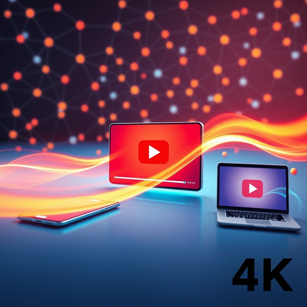 A stylized image of a video spreading rapidly across multiple devices (smartphones, tablets, laptops). The video is represented by a bright, glowing wave that expands outward. The background is a network of interconnected nodes, symbolizing the viral potential of video content. Color palette is bright and energetic, with a focus on reds and yellows. The camera angle is a wide shot, showing the spreading wave. Texture details include the smooth surface of the devices and the glowing wave. 4K resolution.