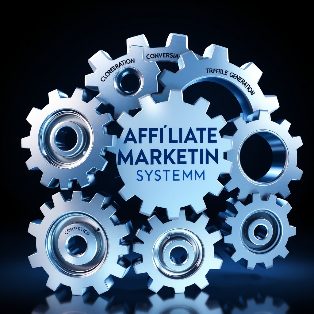 A stylized image of interlocking gears representing a well-oiled machine. Each gear is labeled with a key component of an affiliate marketing system (e.g., 'Content Creation', 'Traffic Generation', 'Conversion Optimization'). The color palette is metallic and futuristic, with blues and silvers dominating. The lighting is dramatic, highlighting the interconnectedness of the gears. Technical specs: 4K resolution, high quality, 3D rendering.