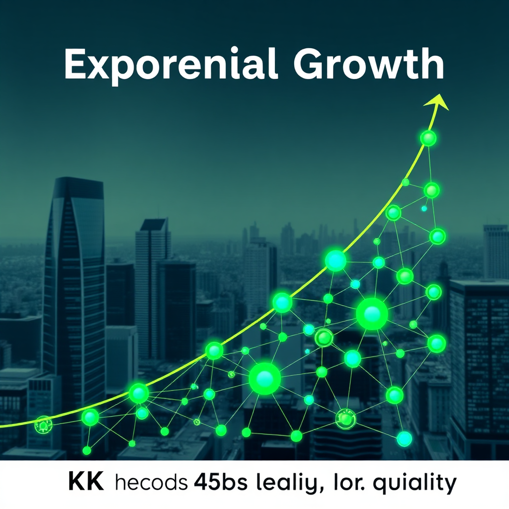 A stylized image representing exponential growth. Imagine a graph with an upward-sloping curve, visualized as a growing network of interconnected nodes. The nodes represent clients, projects, and team members, and the connections represent relationships and collaborations. The color palette is vibrant and dynamic, with greens and blues representing growth and stability. The background is a sleek, modern cityscape. The style is clean and futuristic. 4K resolution, high quality.