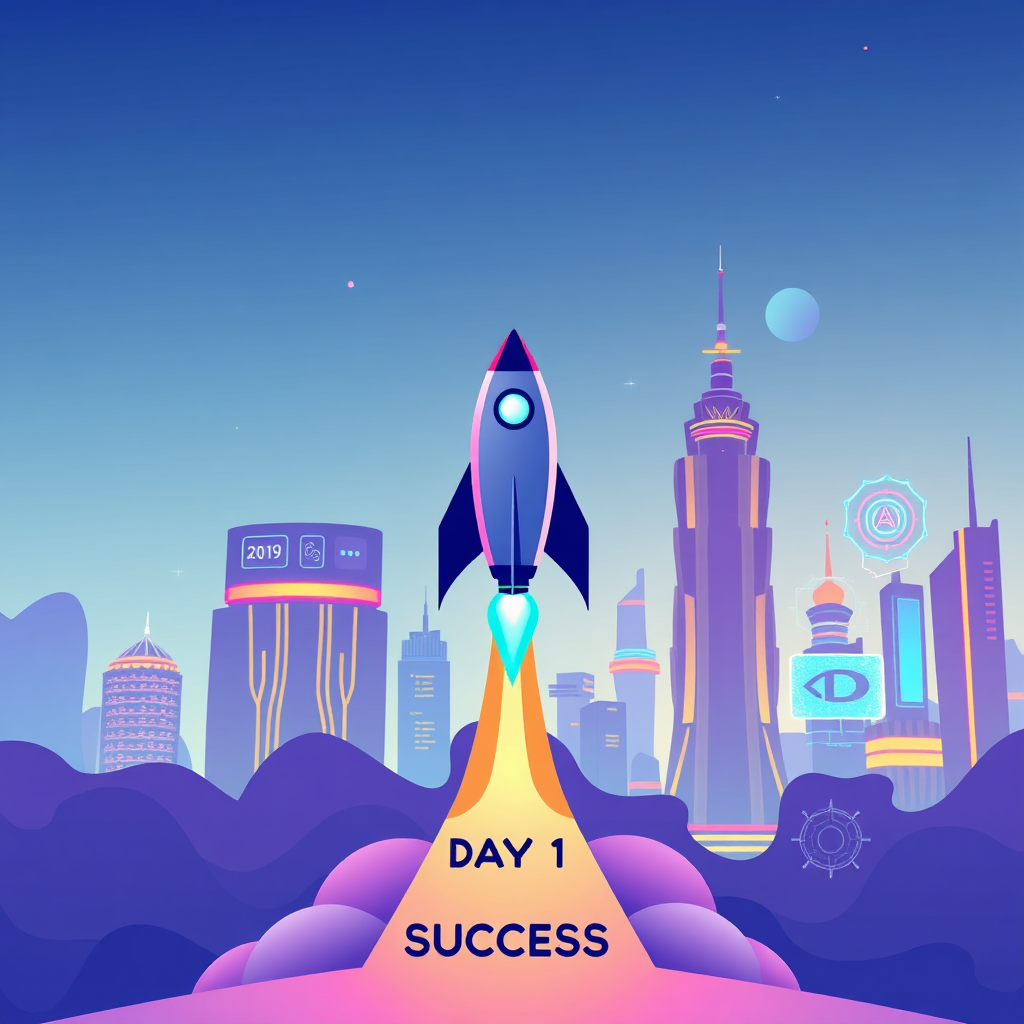 A stylized image representing the journey of launching an AI agency. Imagine a rocket taking off from a launchpad labeled 'Day 1', ascending towards a vibrant, futuristic cityscape representing 'Success'. The rocket is sleek and modern, with glowing blue engines. The cityscape features towering structures with holographic displays showcasing AI applications. The overall color palette is vibrant and optimistic, with blues, purples, and oranges dominating. The camera angle is a dynamic upward shot, capturing the sense of momentum and progress. Stylized, clean vector art style. 4K resolution, high quality rendering.