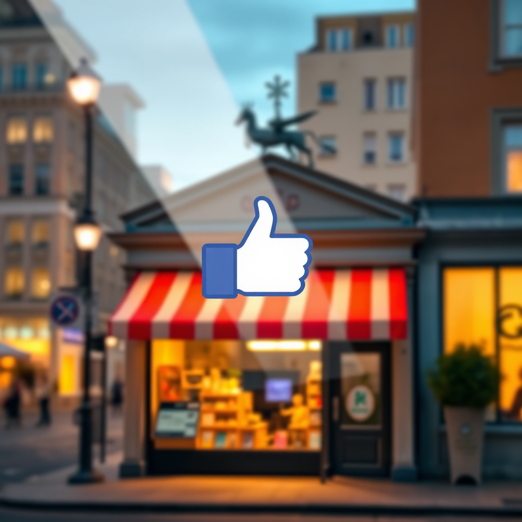 A stylized image representing a spotlight shining on a small business storefront in Berlin, with a Facebook 'like' symbol subtly integrated into the light. The background is a blurred cityscape. The color palette is bright and attention-grabbing. Technical specs: 4K resolution.