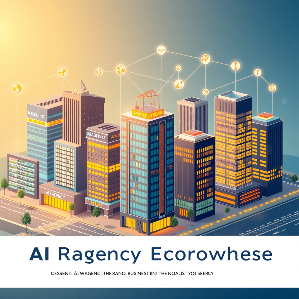 A stylized image representing a thriving business ecosystem. Imagine a network of interconnected buildings, each representing a different aspect of the AI agency – marketing, sales, operations, and client services. The buildings are sleek and modern, with glowing lights and vibrant colors. The overall scene conveys a sense of growth, prosperity, and innovation. 4K resolution, high quality.