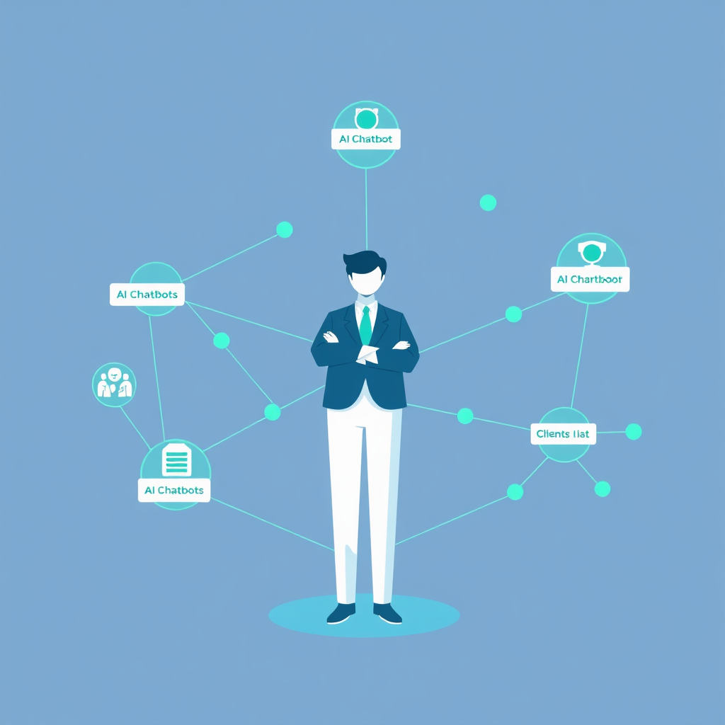 A stylized image representing "Anwalt Websites mit KI". The image features interconnected nodes symbolizing a network, with key nodes highlighted to represent AI chatbots, law firms, and clients. These nodes are connected by lines representing communication and collaboration. A stylized figure of a lawyer stands confidently at the center, overseeing the network. The color palette uses shades of blue and green to convey trust, innovation, and growth. The style is modern and minimalist, with a focus on clean lines and visual clarity. The composition should be balanced and symmetrical, conveying stability and reliability. Lighting is soft and diffused, creating a sense of professionalism and approachability. Technical specs: 4K resolution, high-quality vector graphics, subtle gradients and shadows for depth. The background is clean and uncluttered, allowing the nodes and connections to stand out. Style references include modern tech company infographics and abstract network visualizations.