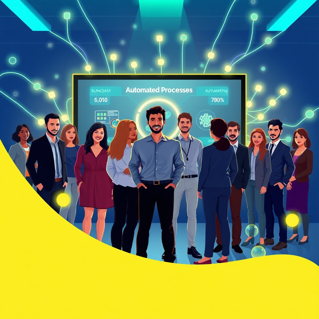 A stylized image representing the core of AiAutomationServices. The scene depicts a diverse group of individuals, connected by glowing lines representing AI networks, standing in front of a large screen showcasing automated business processes. The lighting is futuristic, with a blend of vibrant blues and greens symbolizing innovation and growth. The overall composition is dynamic and inspiring, conveying a sense of community and shared success. Consider adding abstract shapes to represent the flow of data and automation. The image should emphasize the ease and accessibility of starting an AI business. Render in 4K resolution with high quality details.