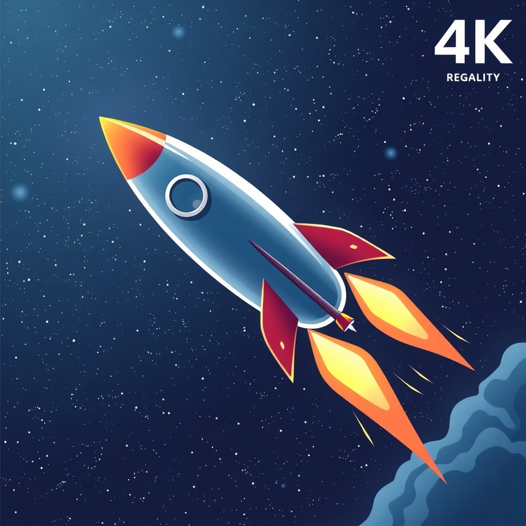 A stylized image representing a rocket accelerating through space. The rocket is sleek and modern, with bright flames and a dynamic trajectory. The background is a star-filled galaxy, symbolizing limitless potential. The overall scene conveys a sense of speed, efficiency, and growth. 4K resolution, high quality.