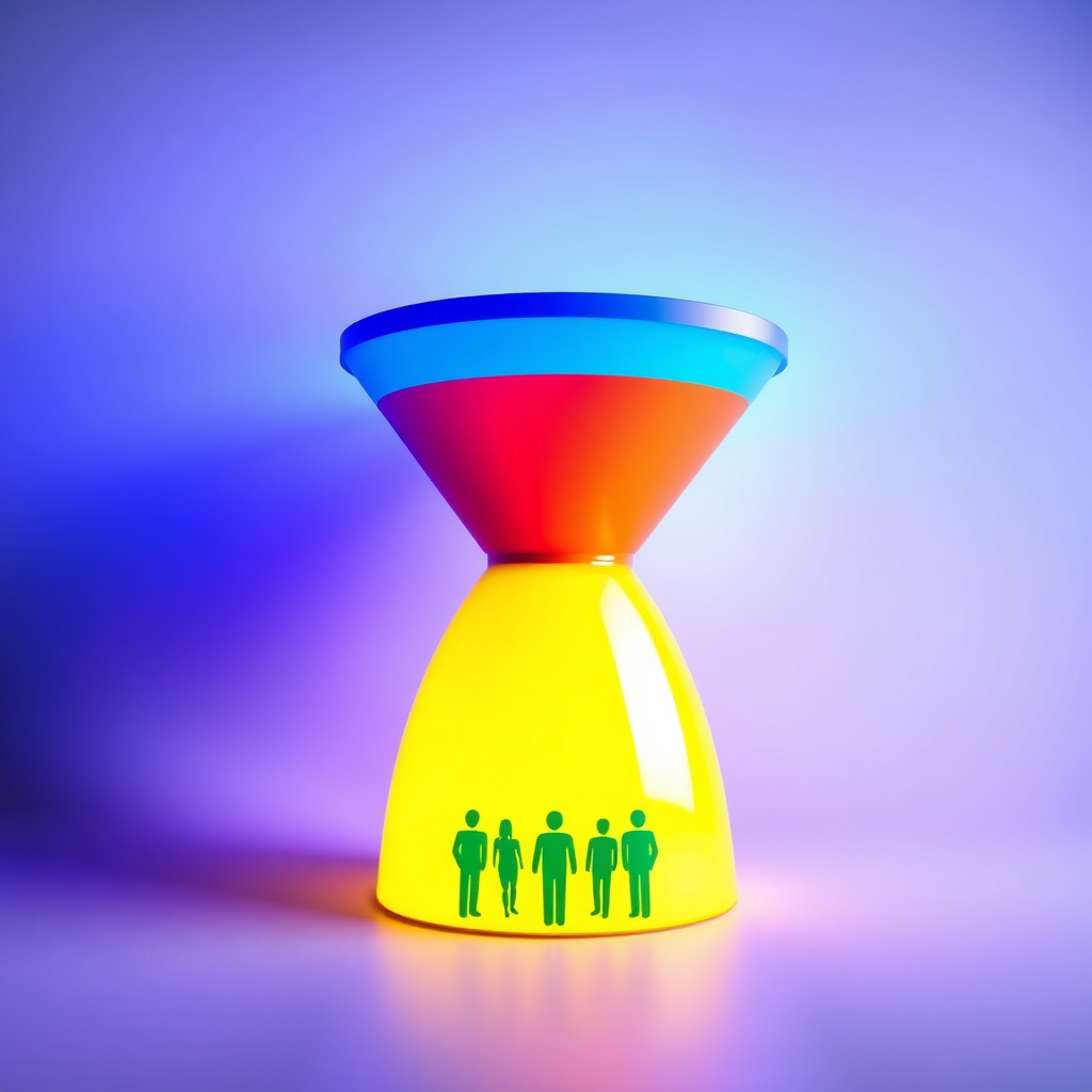 A stylized image representing a funnel chart with leads entering at the top and converting into customers at the bottom. The funnel is brightly lit and visually appealing. The color scheme is vibrant, with each stage of the funnel represented by a different color (e.g., blue for leads, green for customers). The background is a gradient of light and dark, creating a sense of depth. Camera angle: Eye-level, capturing the entire funnel. Style: Abstract, data-driven. Texture: Smooth, glossy surface.