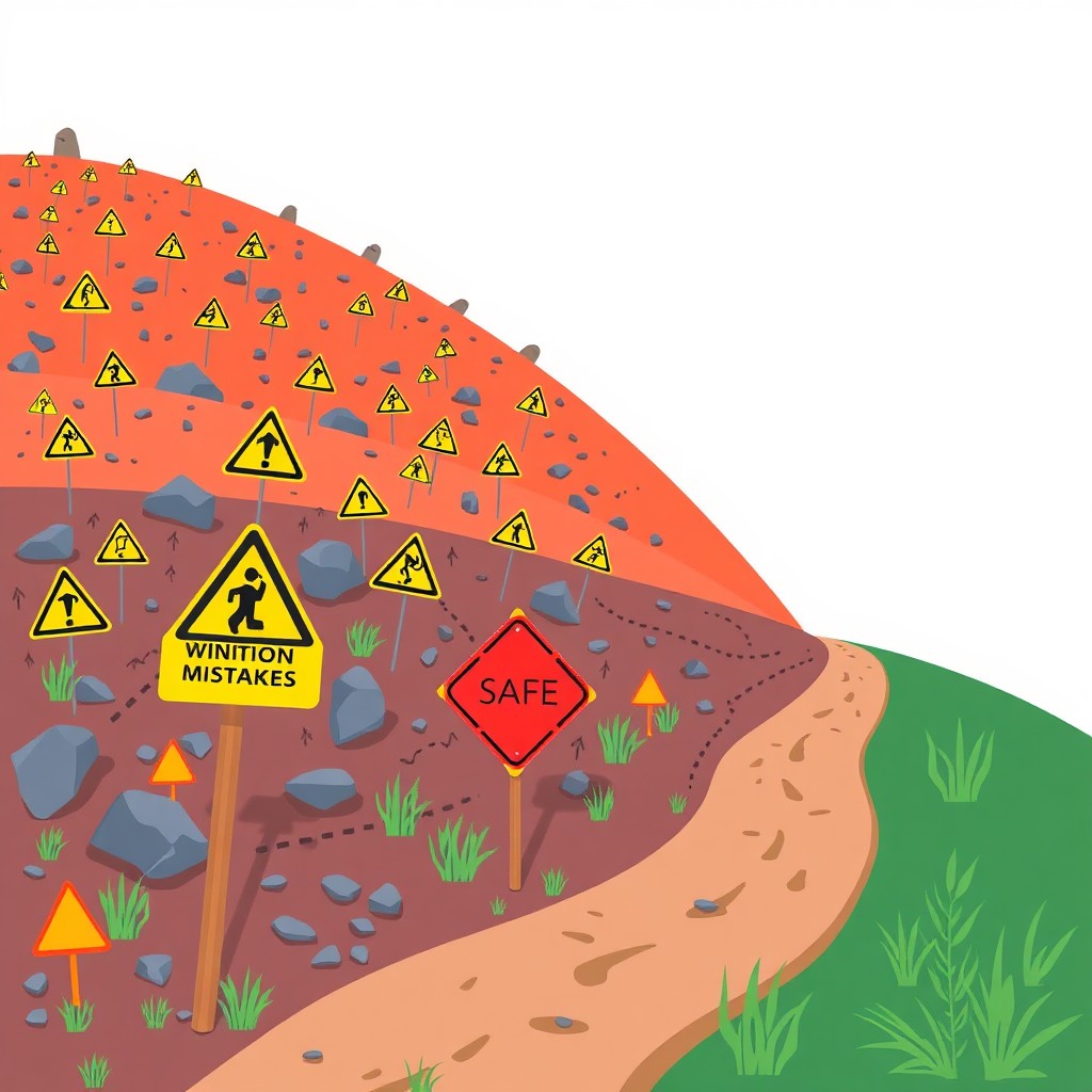 A stylized image representing a minefield with warning signs, highlighting the common mistakes in affiliate marketing. A clear, safe path is visible alongside it. Use a color palette of reds and yellows for the minefield, and greens and blues for the safe path. Technical specs: 4K resolution, high quality, vector graphics.