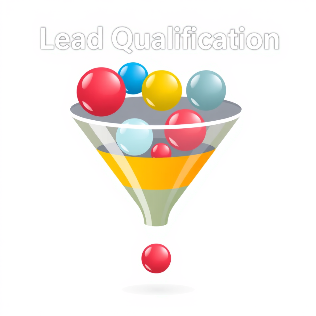 A stylized image representing lead qualification. The image depicts a funnel with various incoming leads represented by differently colored spheres. As the leads move through the funnel, they are filtered and sorted, with only the most promising leads (represented by a specific color) reaching the bottom. The funnel is sleek and modern, with clear visual indicators of the filtering process. The color palette uses contrasting colors to highlight the difference between qualified and unqualified leads. The style is minimalist and informative, conveying efficiency and precision. Technical specs: high-resolution vector graphics, clear visual hierarchy, subtle gradients and shadows for depth. The background is clean and uncluttered, allowing the funnel and the leads to stand out.