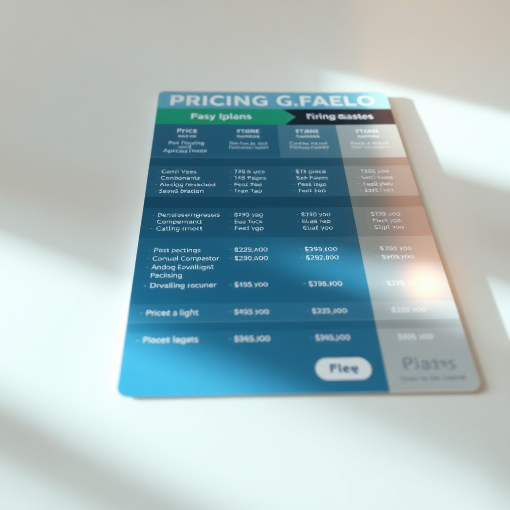 A stylized image representing a pricing table with clear and transparent pricing plans. The table is visually appealing and easy to understand. The lighting highlights the different pricing options. The color scheme is clean and professional, with shades of blue, green, and white. Camera angle: Eye-level, capturing the entire table. Style: Modern, transparent, and informative. Texture: Smooth, glossy surface with easy-to-read text.