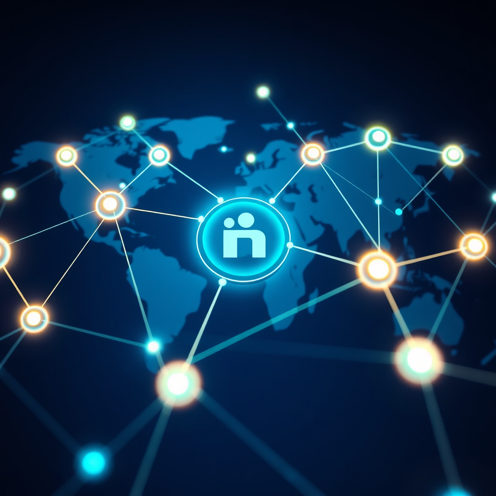 A stylized image showcasing a network of interconnected nodes representing audiences, with glowing lines connecting them to a central brand logo. The background features a map of the world, symbolizing the global reach of influencer marketing. The lighting is soft and ethereal, creating a sense of connection and expansion. The color palette includes a mix of blue and green tones reflecting the interconnectedness of the network. The camera angle is a wide shot, capturing the full scope of the network. Texture details should highlight the sleekness of the network and the vibrancy of the brand logo. The overall style is modern and global. Rendered in high resolution for clear detail.