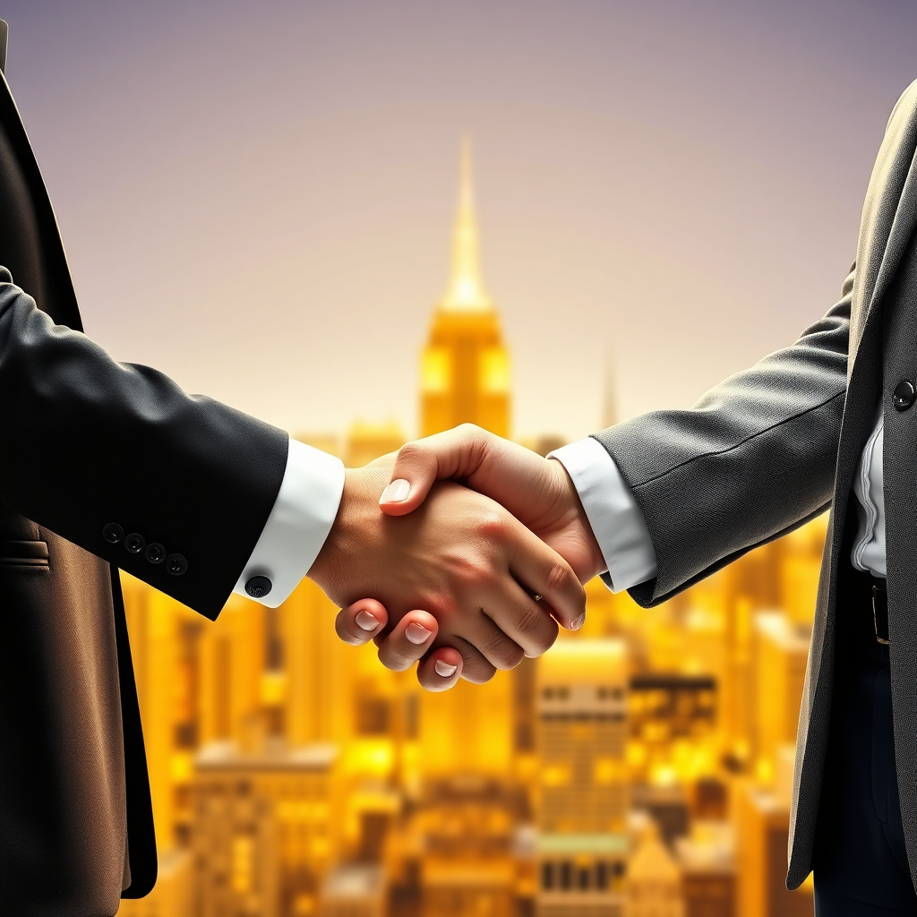 A stylized image showcasing a handshake between a brand representative and an influencer, symbolizing a partnership built on trust and credibility. The background features a glowing cityscape, representing the success of the partnership. The lighting is bright and even, creating a sense of transparency and integrity. The color palette includes a mix of gold and silver tones reflecting the value of the partnership. The camera angle is a medium shot, capturing the full figures of the individuals. Texture details should highlight the sincerity of the handshake and the strength of the partnership. The overall style is professional and trustworthy. Rendered in high resolution for clear detail.