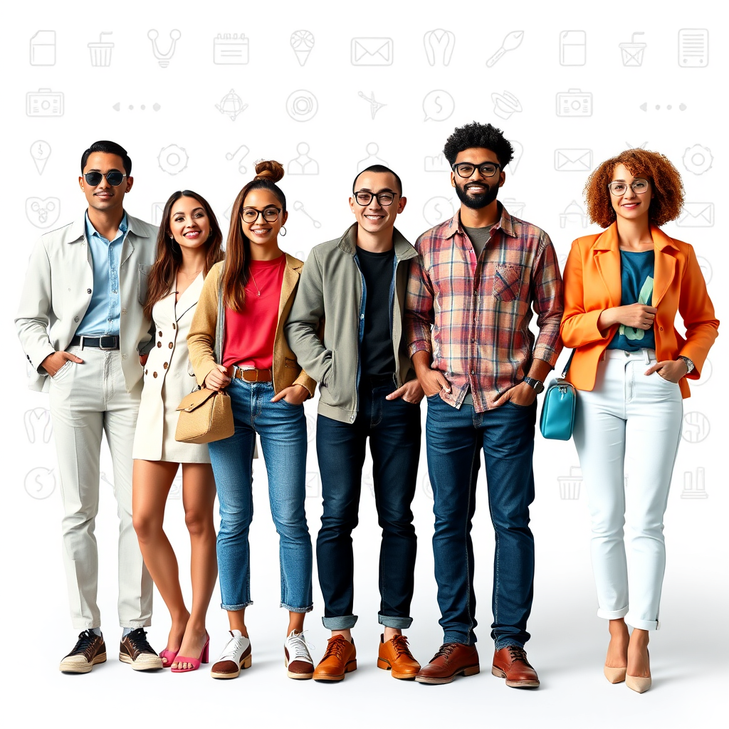 A stylized image showcasing a diverse group of influencers from different niches (fashion, tech, food, travel) standing side-by-side, each with their unique style and personality. The background features icons representing their respective fields. The lighting is bright and even, highlighting the individuality of each influencer. The color palette includes a mix of bold and pastel colors, reflecting the variety of niches. The camera angle is a medium shot, capturing the full figures of the influencers. Texture details should highlight the different materials and textures of their clothing and accessories. The overall style is vibrant and engaging. Rendered in high resolution for clear detail.