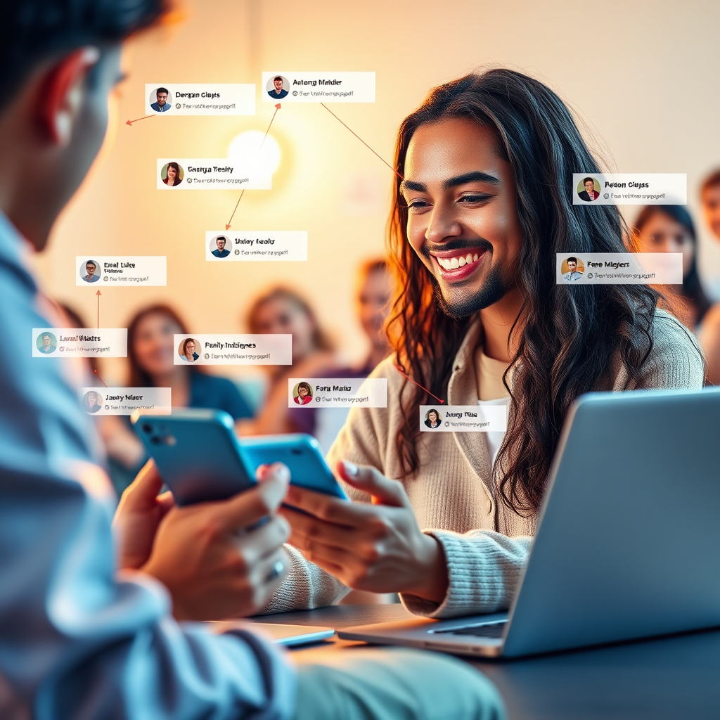 A stylized image showcasing an influencer engaging with their audience through various social media platforms. The composition features the influencer interacting with comments, likes, and shares on their smartphone and laptop. The lighting is bright and cheerful, creating a sense of connection and community. The color palette includes a mix of pastel colors reflecting the friendly nature of the interaction. The camera angle is a close-up shot, emphasizing the expressions and emotions of the influencer and their audience. Texture details should highlight the sleekness of the technology and the warmth of human connection. The overall style is vibrant and engaging. Rendered in high resolution for clear detail.