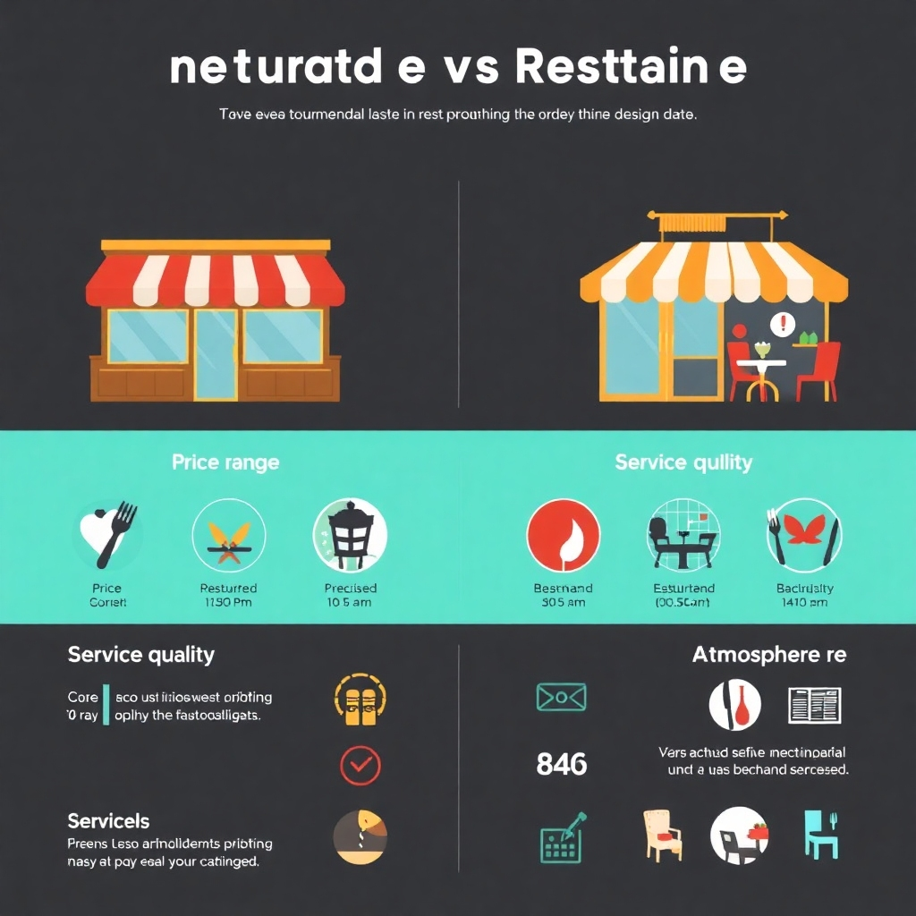 A stylized infographic comparing various aspects of the two restaurants, including price range, service quality, and atmosphere.  Use clear visuals like icons and color-coding to illustrate the data and make the comparison easy to understand. The style should be clean and modern, with a professional design aesthetic.