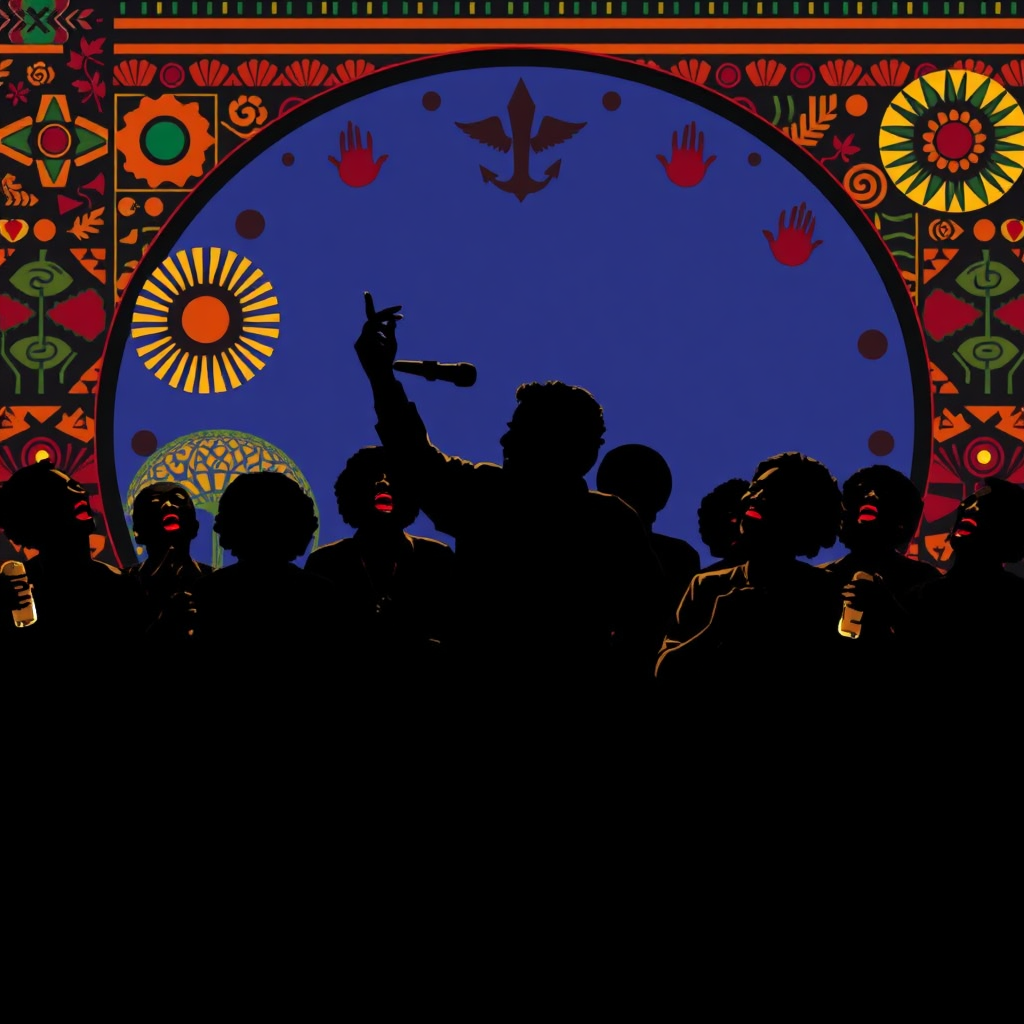 A vibrant and stylized image depicting a Black gospel choir performing. The choir members are silhouetted against a backdrop of colorful African patterns and symbols. The image should convey energy and movement. The color palette should be bold and vibrant. Style reference: African art and design. Technical specs: 4K resolution, high quality.