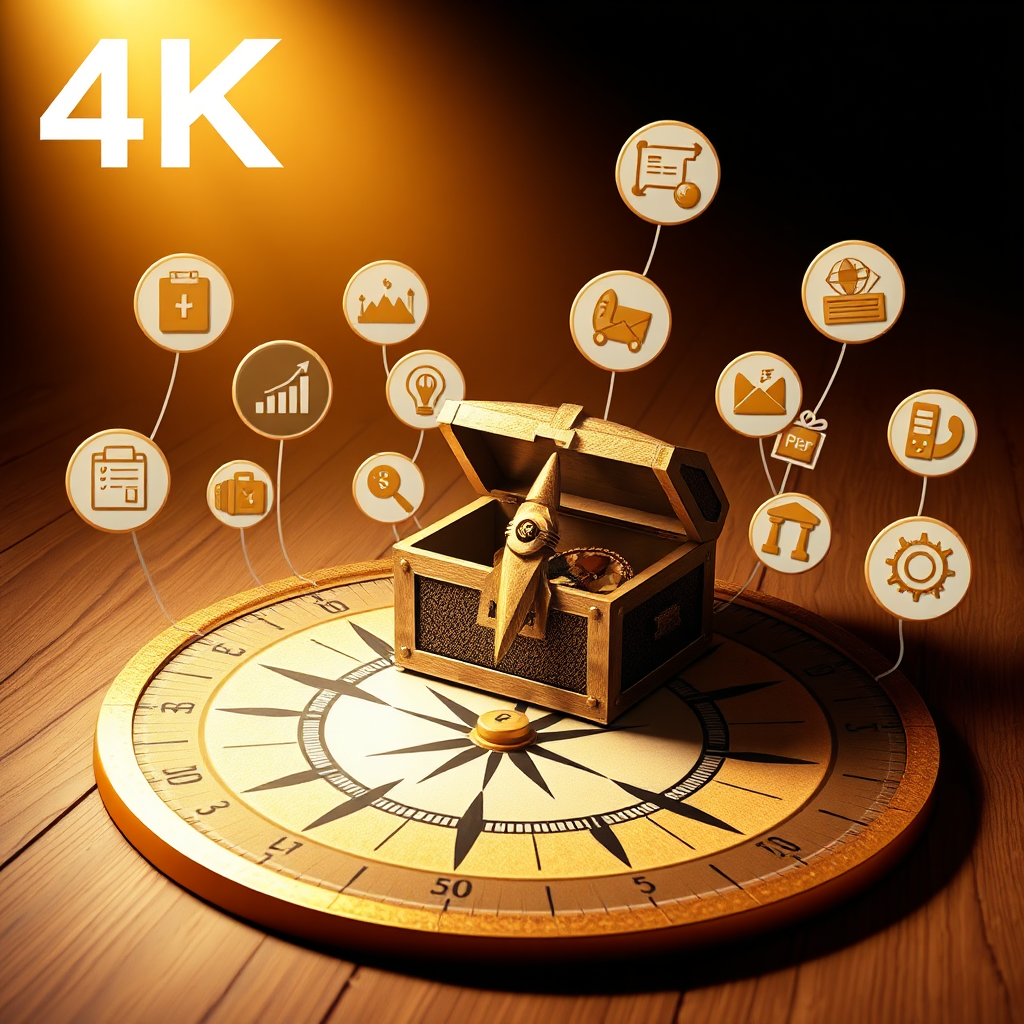 A visual metaphor depicting a compass pointing towards a treasure chest marked 'Profit.' The compass is surrounded by various niche categories represented by stylized icons. The lighting should be golden and inviting, creating a sense of discovery. The style is a blend of realistic and illustrative elements. 4K resolution.