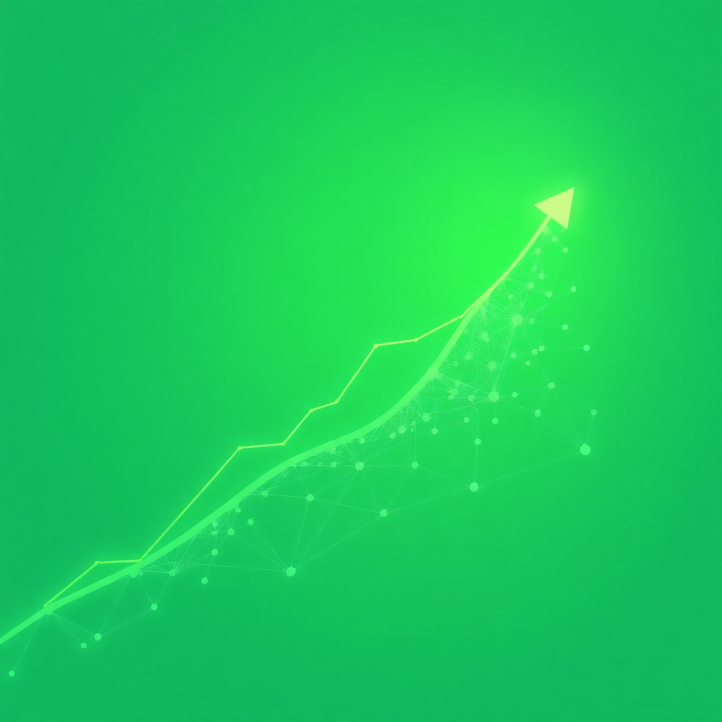 A visual representation of exponential growth, with a rising graph and expanding network of connections. The image should convey a sense of momentum and progress. The color scheme should be vibrant and energetic, with greens and blues. 4K resolution.