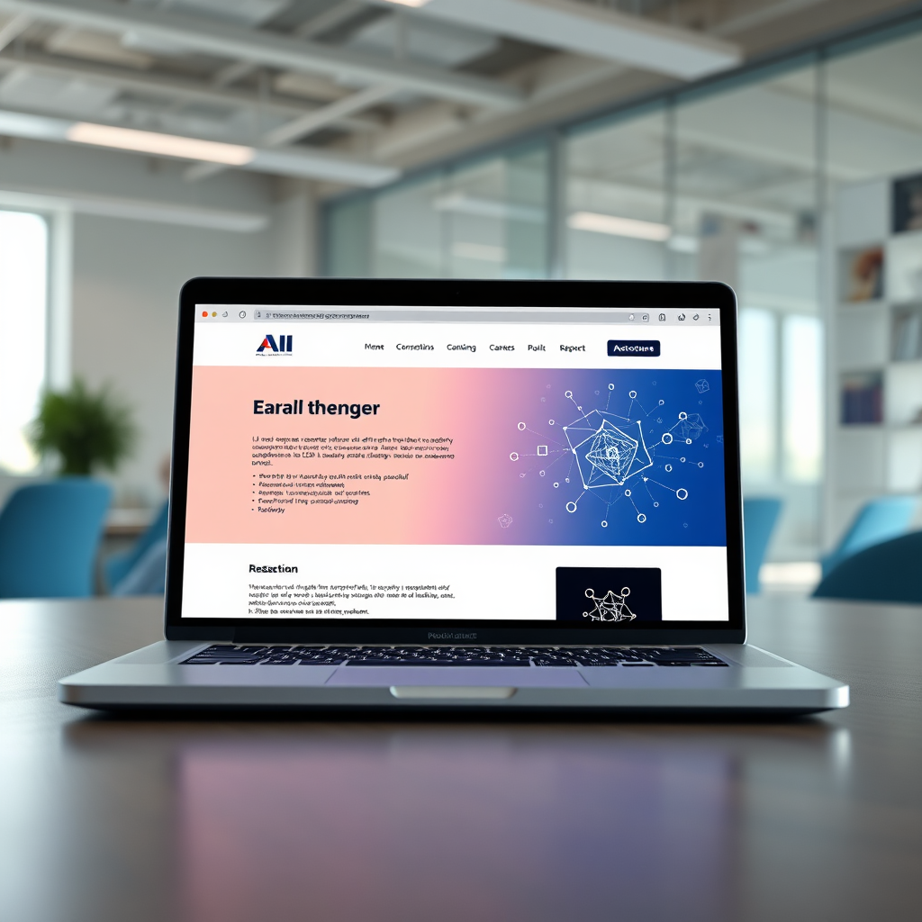 A visually appealing image showcasing a laptop displaying a professionally designed website with AI elements, such as code snippets or neural network diagrams. The surrounding environment should suggest a modern, tech-focused workspace. The colors are clean and professional, with a focus on blues and whites. 4k resolution.