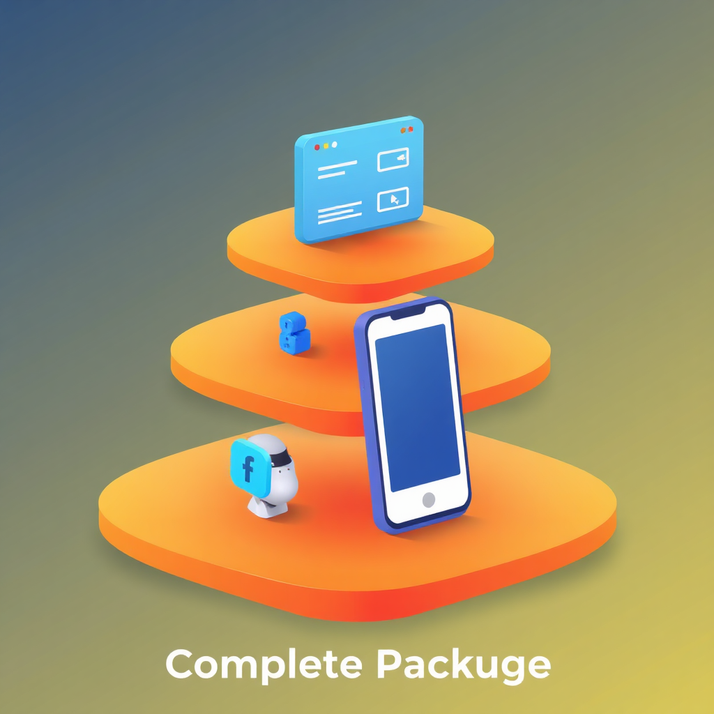 A visually compelling graphic depicting a stack of layered services: a website design template, a mobile app icon, a chatbot interface, and a payment gateway symbol. Each layer is distinct but interconnected, symbolizing a complete package. The color palette is bright and cohesive. The background is a subtle gradient.