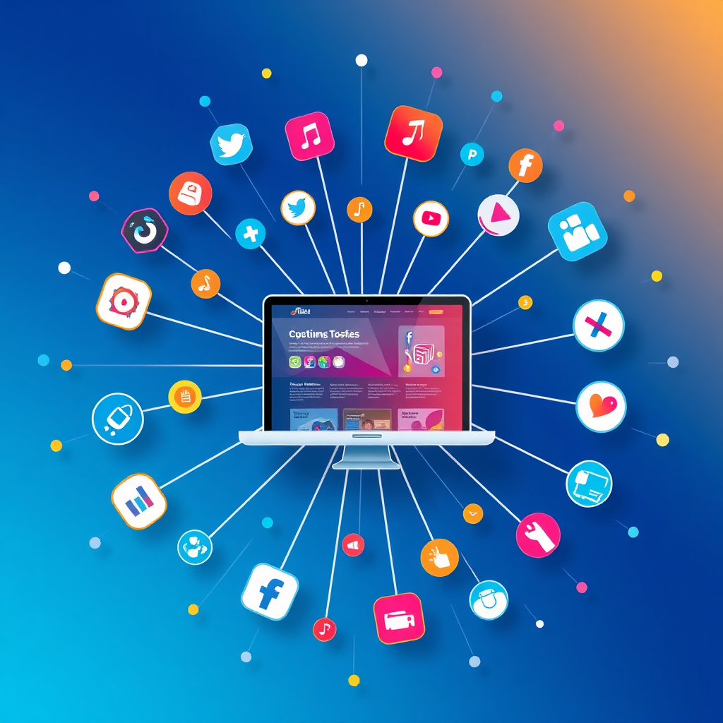 A visually engaging representation of a digital hub with spokes radiating outwards, connecting to various social media platforms and online marketplaces. The central hub is a stylized website with a sleek and modern design. The color palette should be vibrant and dynamic, representing the interconnectedness of the online world. 4K resolution.