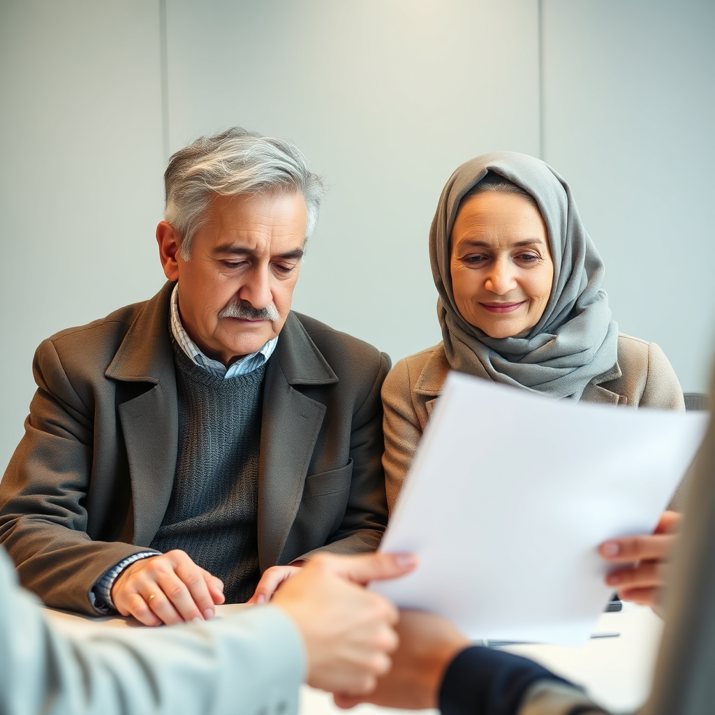 Older Turkish couple looking at documents friendly
