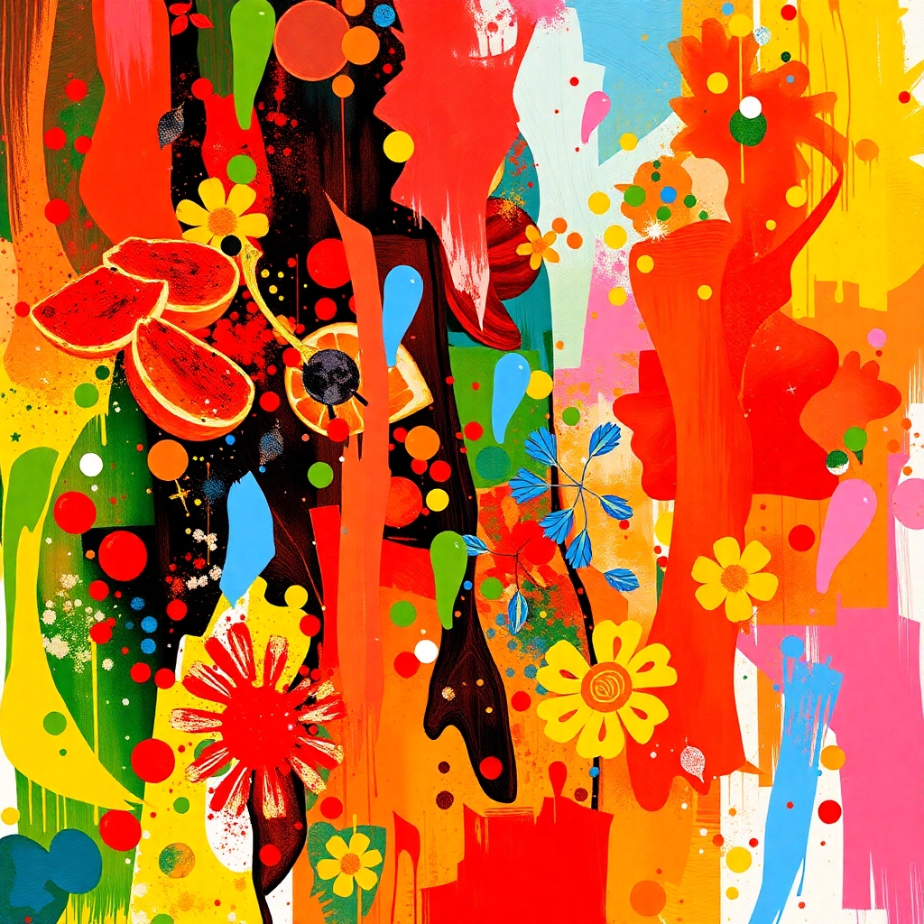 An abstract image depicting the tastes and sensations of Russian cuisine. Use vibrant colors and artistic flourishes to represent the variety of flavors and textures.  The image should be visually captivating and evoke a sense of excitement and anticipation for a delicious culinary experience.