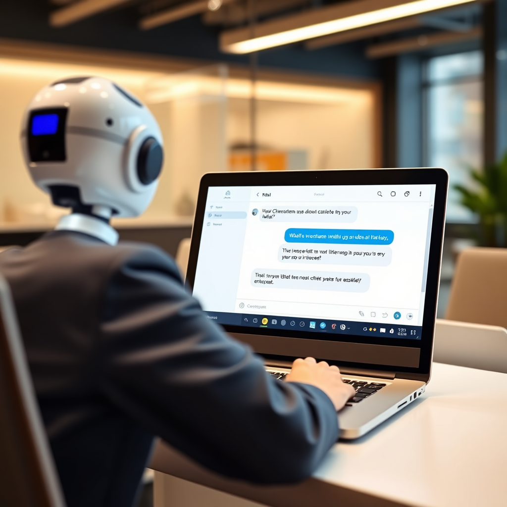 An AI avatar interacting with a user through a chatbot interface on a laptop screen. The chat window shows a helpful conversation. The environment is a modern office setting.