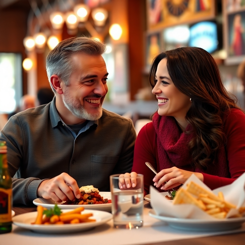 An image depicting a happy couple enjoying a meal at one of the restaurants. The background should show the restaurant's ambiance, with soft lighting and a relaxed atmosphere. The focus should be on the happy couple's expressions and their interaction with each other, emphasizing the pleasant dining experience.