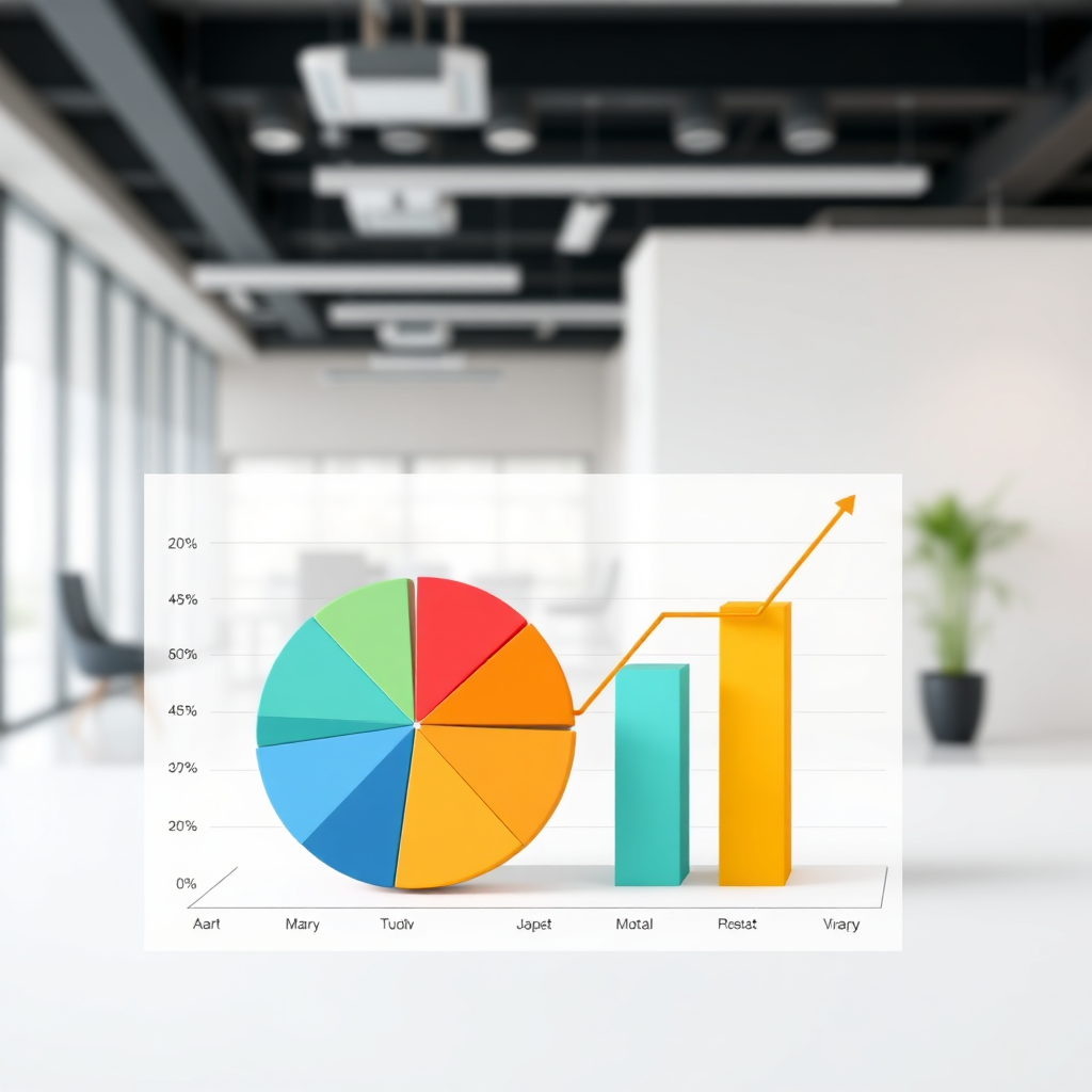 An image depicting a pie chart and a line graph representing ad performance data. The background is a clean and modern office space. The color palette should be professional and trustworthy.