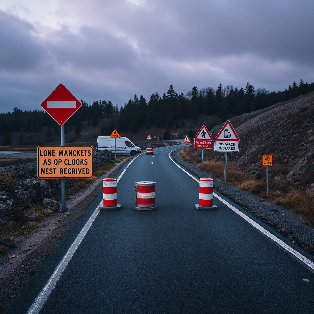 An image depicting obstacles and challenges along a road, with signs warning of potential mistakes. The style should be slightly cautionary, with darker tones and reds. The image should be clear and informative. 4K resolution.