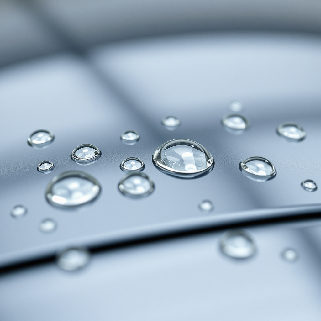An image depicting water beading tightly on a car's ceramic-coated surface, showcasing the hydrophobic properties of the coating. The water droplets are perfectly round and distinct. The camera angle is close, focusing on the water beads and the underlying paint. The lighting is soft and diffused, highlighting the beads. Style: Product demonstration photography with a focus on scientific precision.