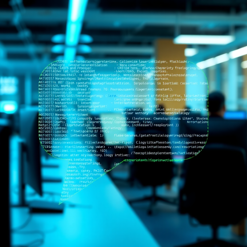 An image featuring lines of code forming the shape of a speech bubble. Neural network-like connections are subtly visible within the code. The background is a blurred office environment with developers working on computers. The color palette leans towards blues and greens, symbolizing technology and growth. The style is modern and professional, conveying expertise and innovation. Technical specs: High-resolution rendering, detailed code snippets, realistic lighting.