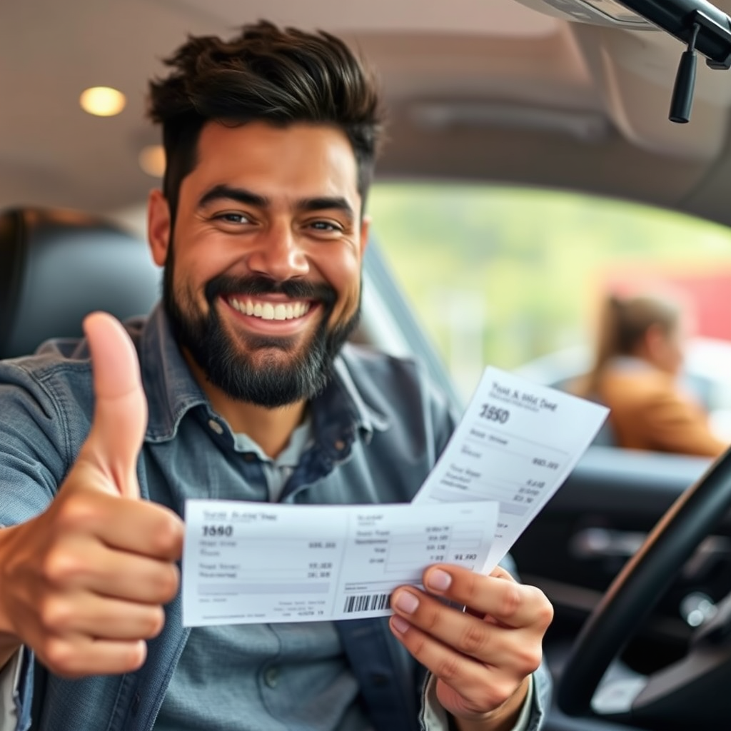 An image of a customer smiling and giving a thumbs-up after receiving their bill, indicating satisfaction with the price.