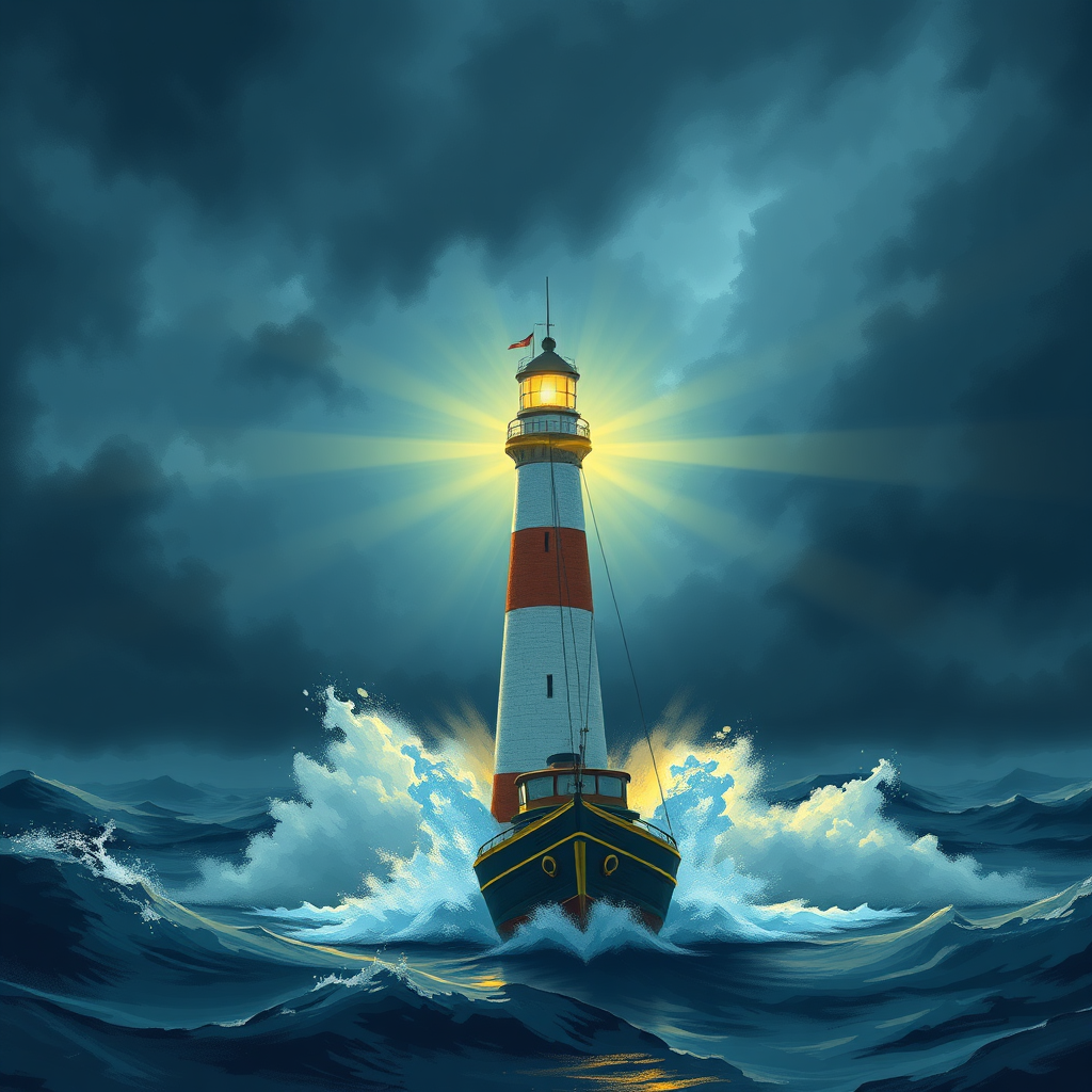 An image of a lighthouse guiding a ship through a storm, symbolizing expert guidance. The lighthouse is brightly lit, and the ship is sailing confidently towards it. Use a color palette of blues and grays for the storm, and yellows and whites for the lighthouse. Technical specs: 4K resolution, high quality, digital painting.