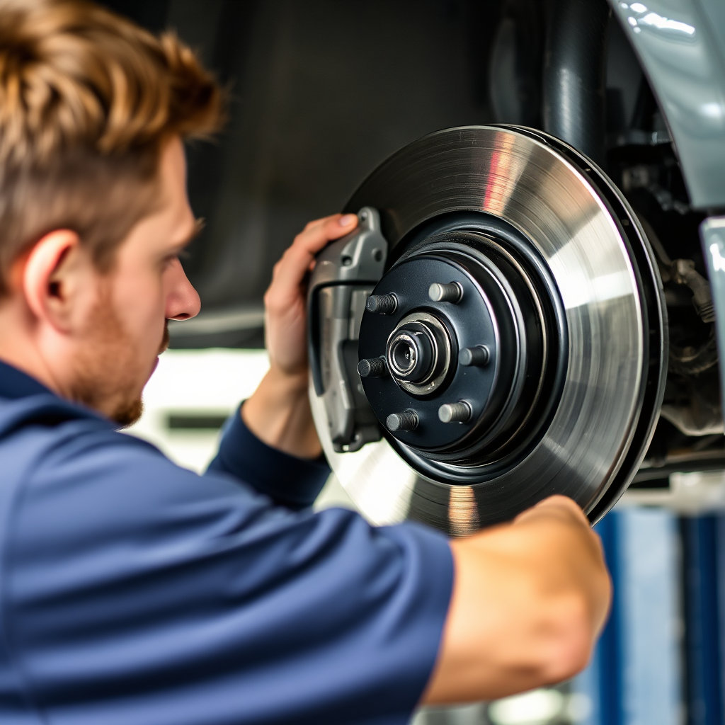 An image of a mechanic inspecting a car's brake system, focusing on the brake pads and rotors.