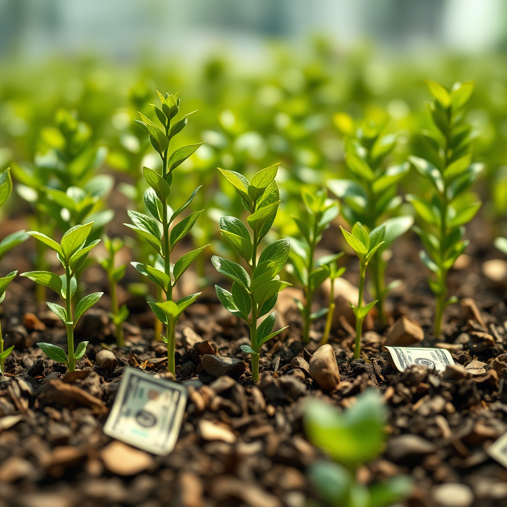 An image of money growing like plants. Technical specs: 4K resolution, high quality.