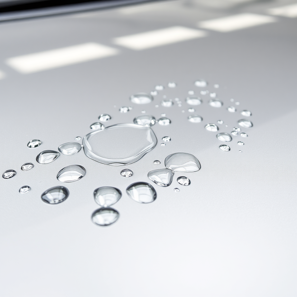 An image of water beading tightly on a ceramic-coated car surface, demonstrating its hydrophobic properties and protective qualities. Style: Product demonstration automotive photography.