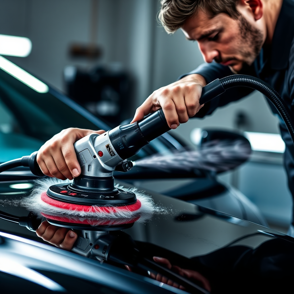 An image showcasing a detailer using advanced detailing equipment, such as a polishing machine or a steam cleaner, on a car. The focus is on the technology and its precision. The lighting is dramatic and highlights the equipment. Style: Automotive detailing technology showcase.