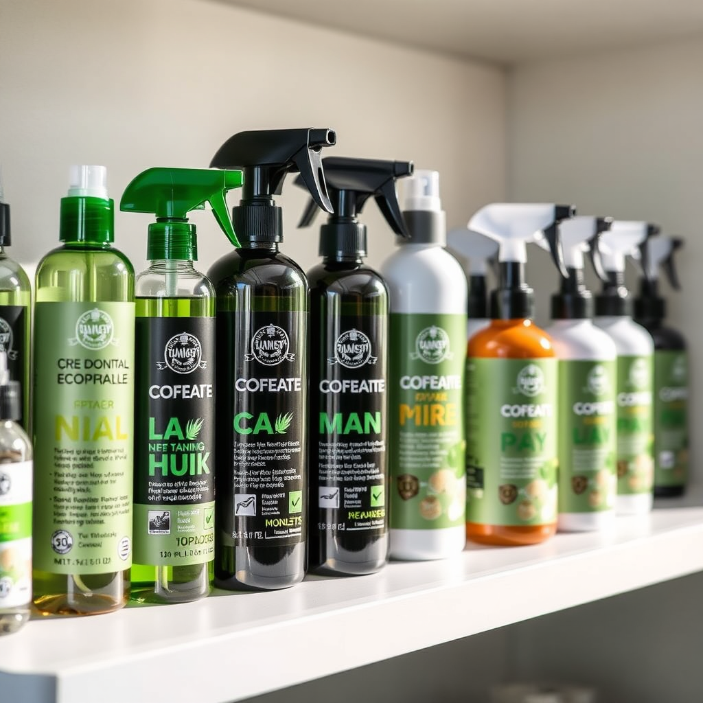 An image showcasing a range of eco-friendly car detailing products, with clear labeling and sustainable packaging. The products are arranged neatly on a shelf. The lighting is natural and highlights the green aspects. Style: Product photography with a focus on sustainability.