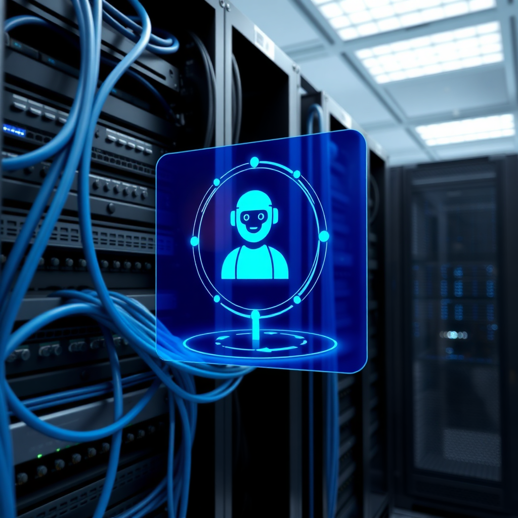 An image showcasing a server rack with various cables and connections. A holographic display shows an AI chatbot icon, indicating its integration into the system. The background is a well-lit server room. The color palette is technical and modern, using blues, grays, and blacks. The style is clean and organized, conveying reliability and stability. Technical specs: High-resolution rendering, detailed server components, realistic lighting.
