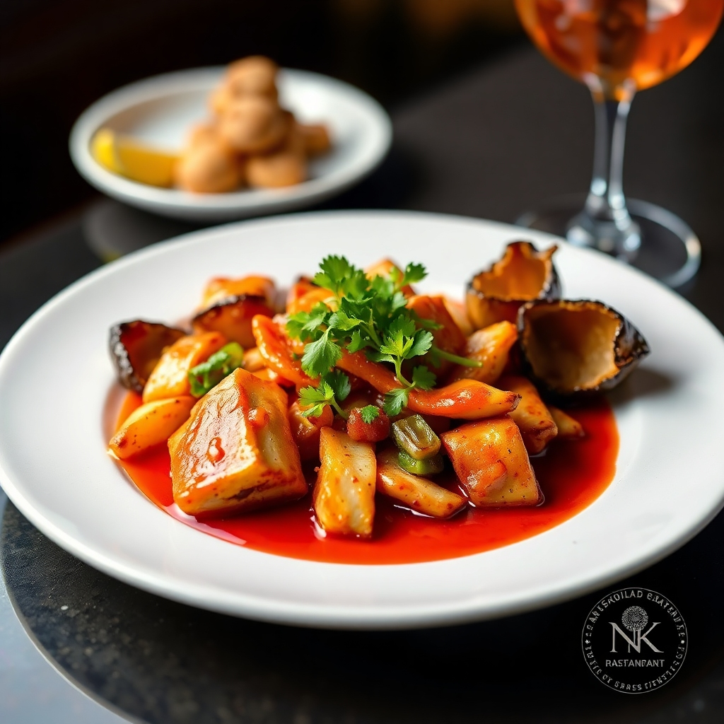 An image showcasing the winning restaurant's most popular dish, presented in an elegant and visually appealing manner.  The image should be high-resolution and professionally styled, showcasing the quality and artistry of the food.  A subtle watermark or logo from the restaurant could be included to enhance branding.