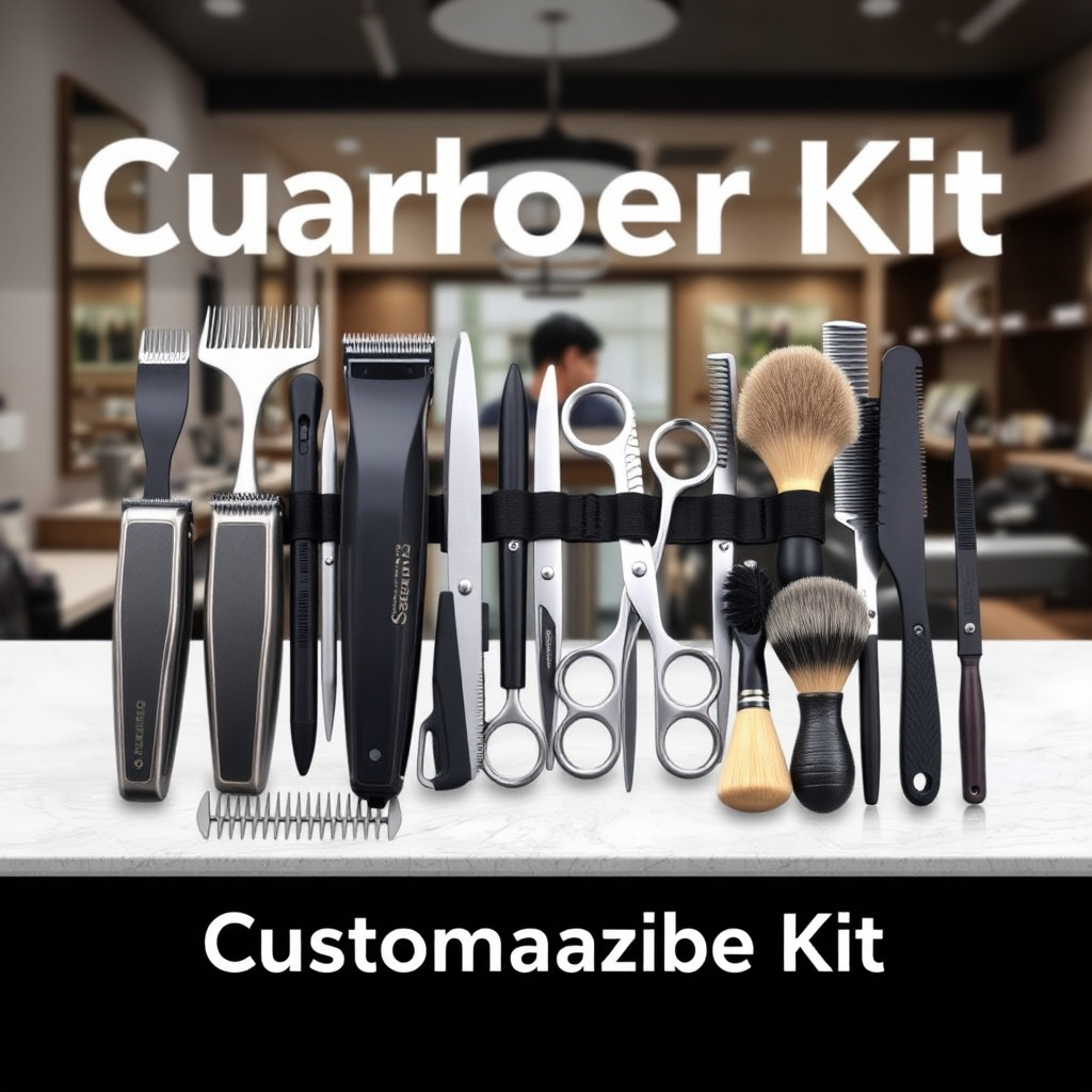 An image showcasing various barber tools neatly arranged in a customizable kit. Clippers, scissors, combs, and brushes are all included. The background is a clean, modern barber shop setting. Capture a sense of personalization and variety.
